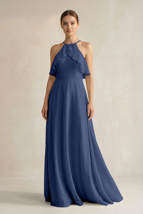 Halter Neck A - Line Chiffon Bridesmaid Dress with Keyhole in Navy - SHE IS ME Bridesmaid Dresses