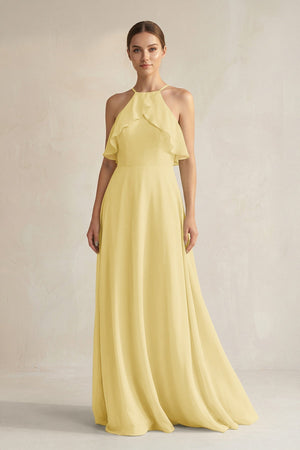 Halter Neck A - Line Chiffon Bridesmaid Dress with Keyhole in Pastel Yellow - SHE IS ME Bridesmaid Dresses