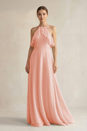 Halter Neck A - Line Chiffon Bridesmaid Dress with Keyhole in Rose Petal - SHE IS ME Bridesmaid Dresses