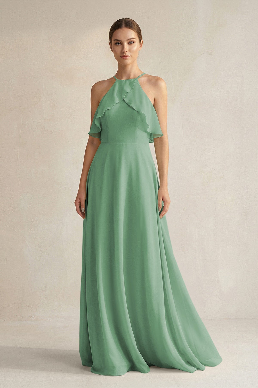 Halter Neck A - Line Chiffon Bridesmaid Dress with Keyhole in Sea Glass - SHE IS ME Bridesmaid Dresses