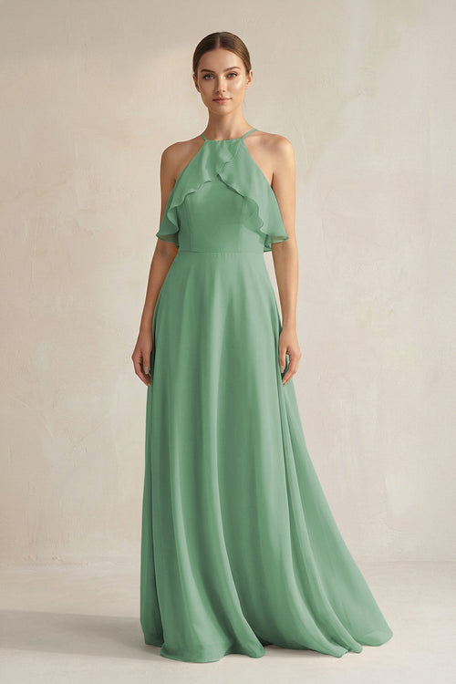 Halter Neck A - Line Chiffon Bridesmaid Dress with Keyhole in Sea Glass - SHE IS ME Bridesmaid Dresses