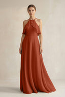 Halter Neck A - Line Chiffon Bridesmaid Dress with Keyhole in Spice - SHE IS ME Bridesmaid Dresses