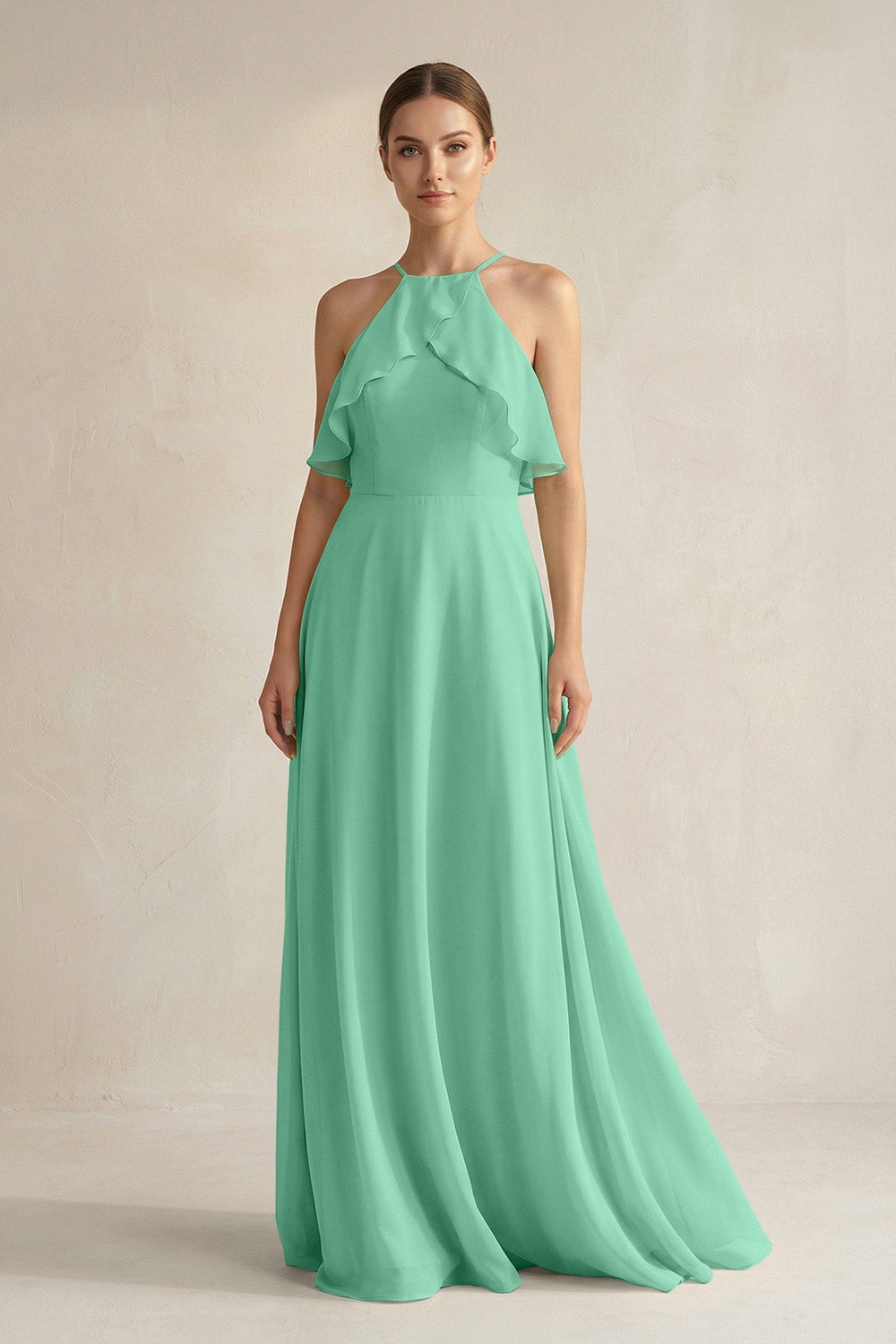 Halter Neck A - Line Chiffon Bridesmaid Dress with Keyhole in Turquoise - SHE IS ME Bridesmaid Dresses