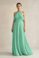 Halter Neck A - Line Chiffon Bridesmaid Dress with Keyhole in Turquoise - SHE IS ME Bridesmaid Dresses