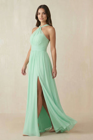 Halter Neck Ruched A-Line Chiffon Dress in Pale Pistachio - SHE IS ME BRIDESMAID DRESSES