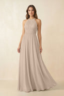 Halter Pleated A - Line Chiffon Bridesmaid Dress in Almond - SHE IS ME Bridesmaid Dresses