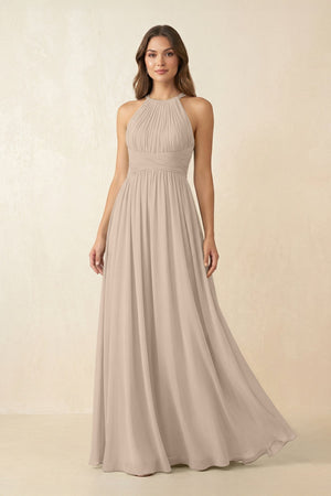 Halter Pleated A - Line Chiffon Bridesmaid Dress in Almond - SHE IS ME Bridesmaid Dresses