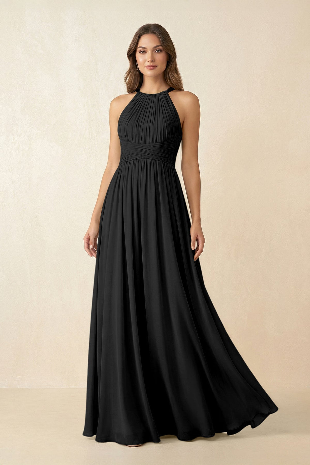 Halter Pleated A - Line Chiffon Bridesmaid Dress in Black - SHE IS ME Bridesmaid Dresses