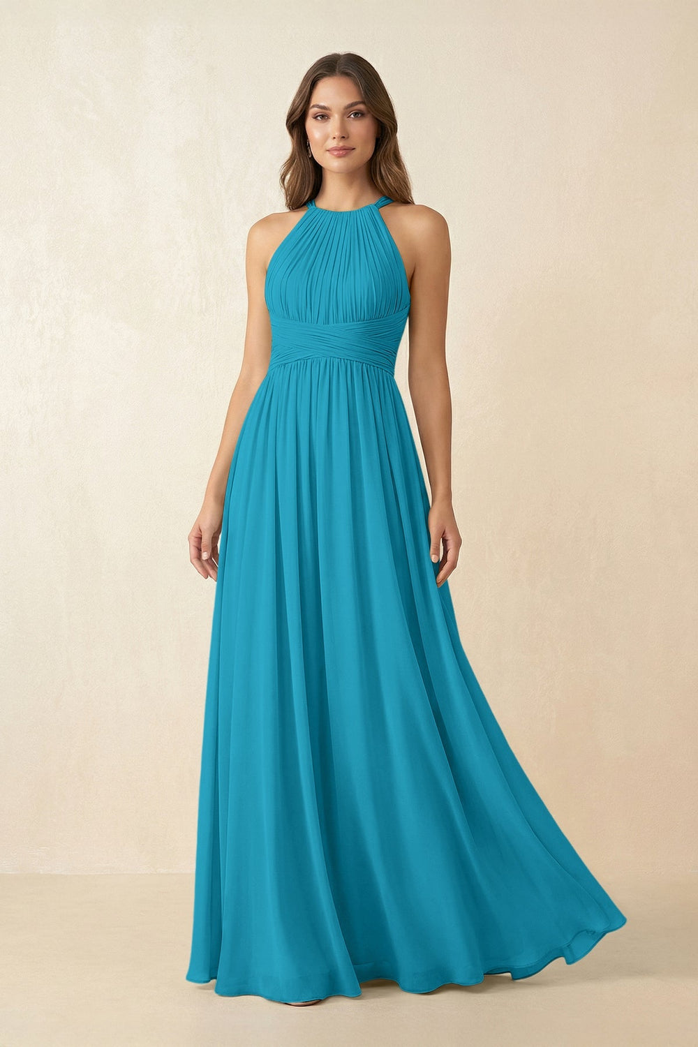 Halter Pleated A - Line Chiffon Bridesmaid Dress in Blue Jay - SHE IS ME Bridesmaid Dresses