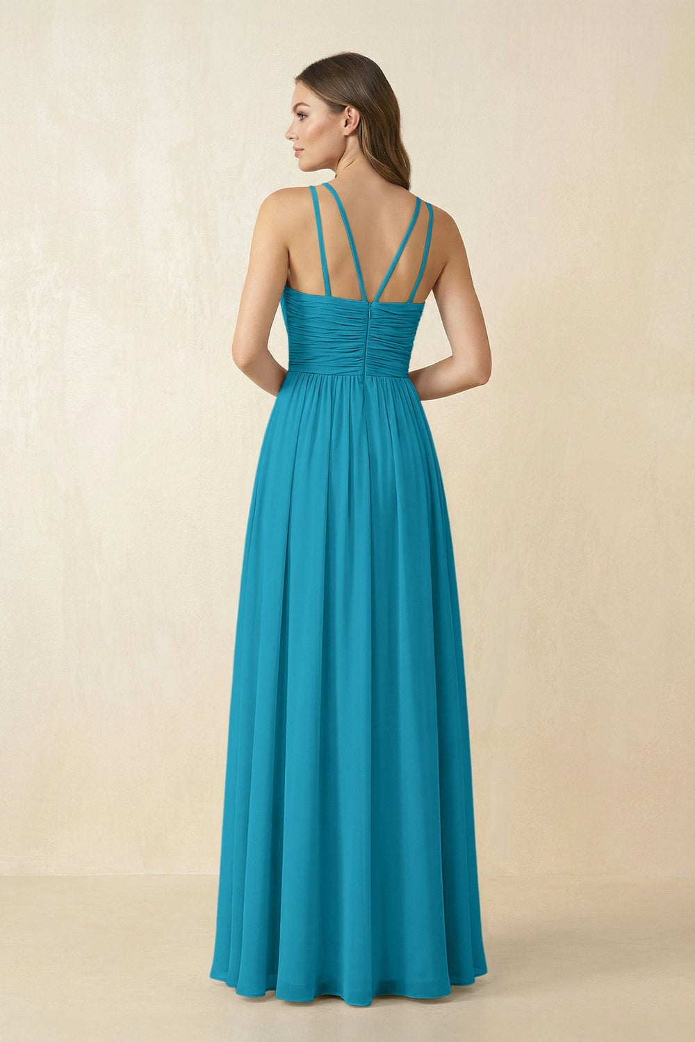 Halter Pleated A - Line Chiffon Bridesmaid Dress in Blue Jay - SHE IS ME Bridesmaid Dresses