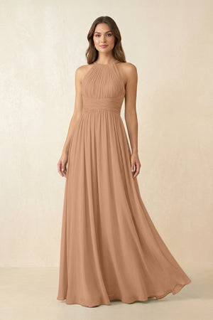 Halter Pleated A - Line Chiffon Bridesmaid Dress in Bronzer - SHE IS ME Bridesmaid Dresses