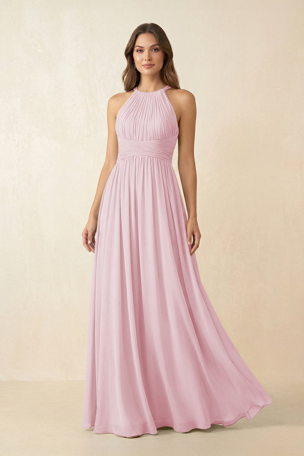 Halter Pleated A - Line Chiffon Bridesmaid Dress in Candy Pink - SHE IS ME Bridesmaid Dresses