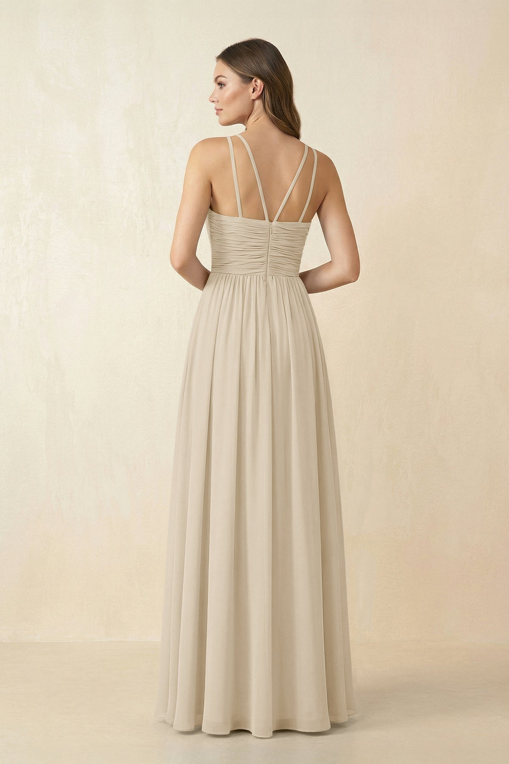Halter Pleated A - Line Chiffon Bridesmaid Dress in Champagne - SHE IS ME Bridesmaid Dresses