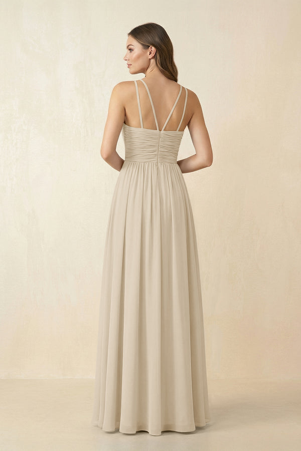 Halter Pleated A - Line Chiffon Bridesmaid Dress in Champagne - SHE IS ME Bridesmaid Dresses