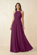 Halter Pleated A - Line Chiffon Bridesmaid Dress in Fig - SHE IS ME Bridesmaid Dresses