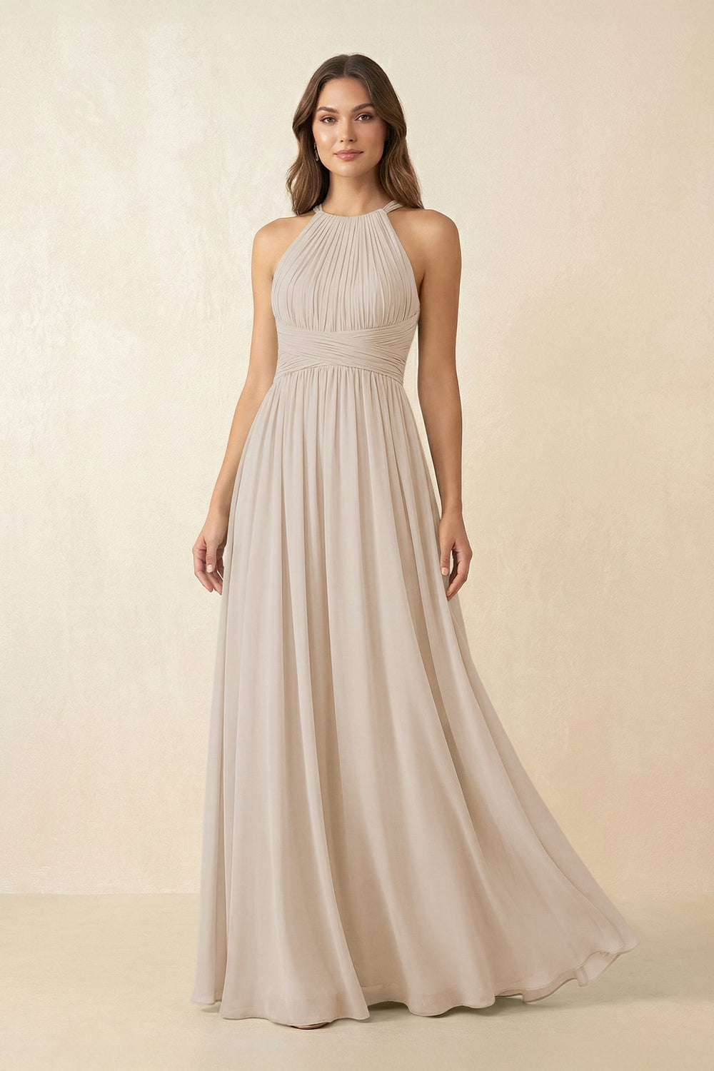 Halter Pleated A - Line Chiffon Bridesmaid Dress in Frost - SHE IS ME Bridesmaid Dresses