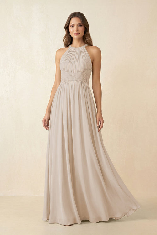 Halter Pleated A - Line Chiffon Bridesmaid Dress in Frost - SHE IS ME Bridesmaid Dresses