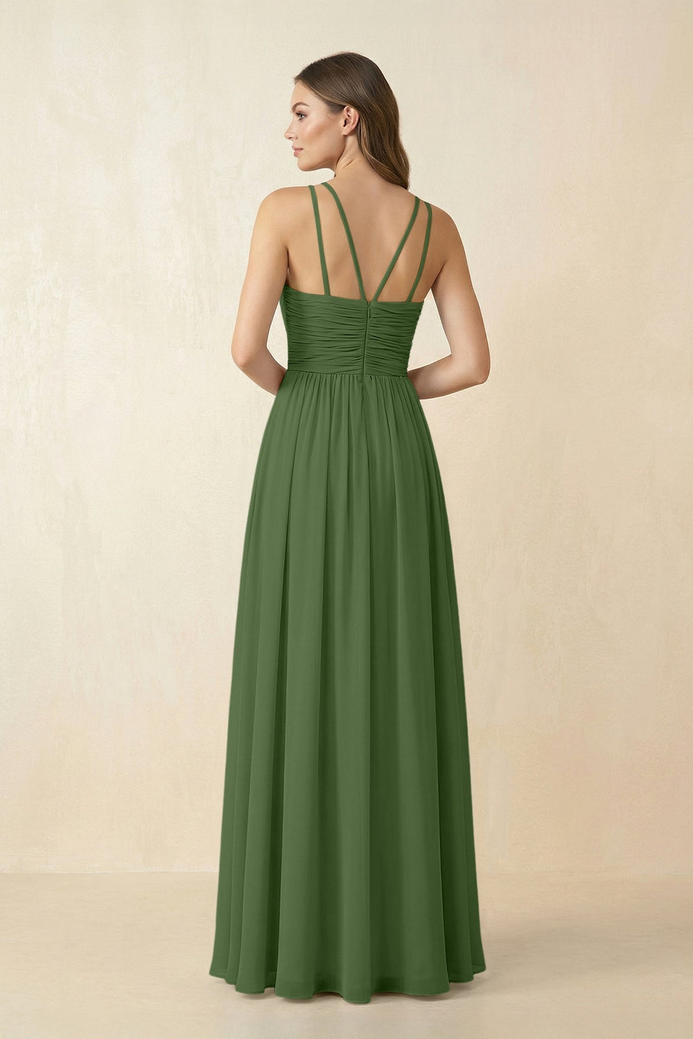 Halter Pleated A - Line Chiffon Bridesmaid Dress in Moss - SHE IS ME Bridesmaid Dresses