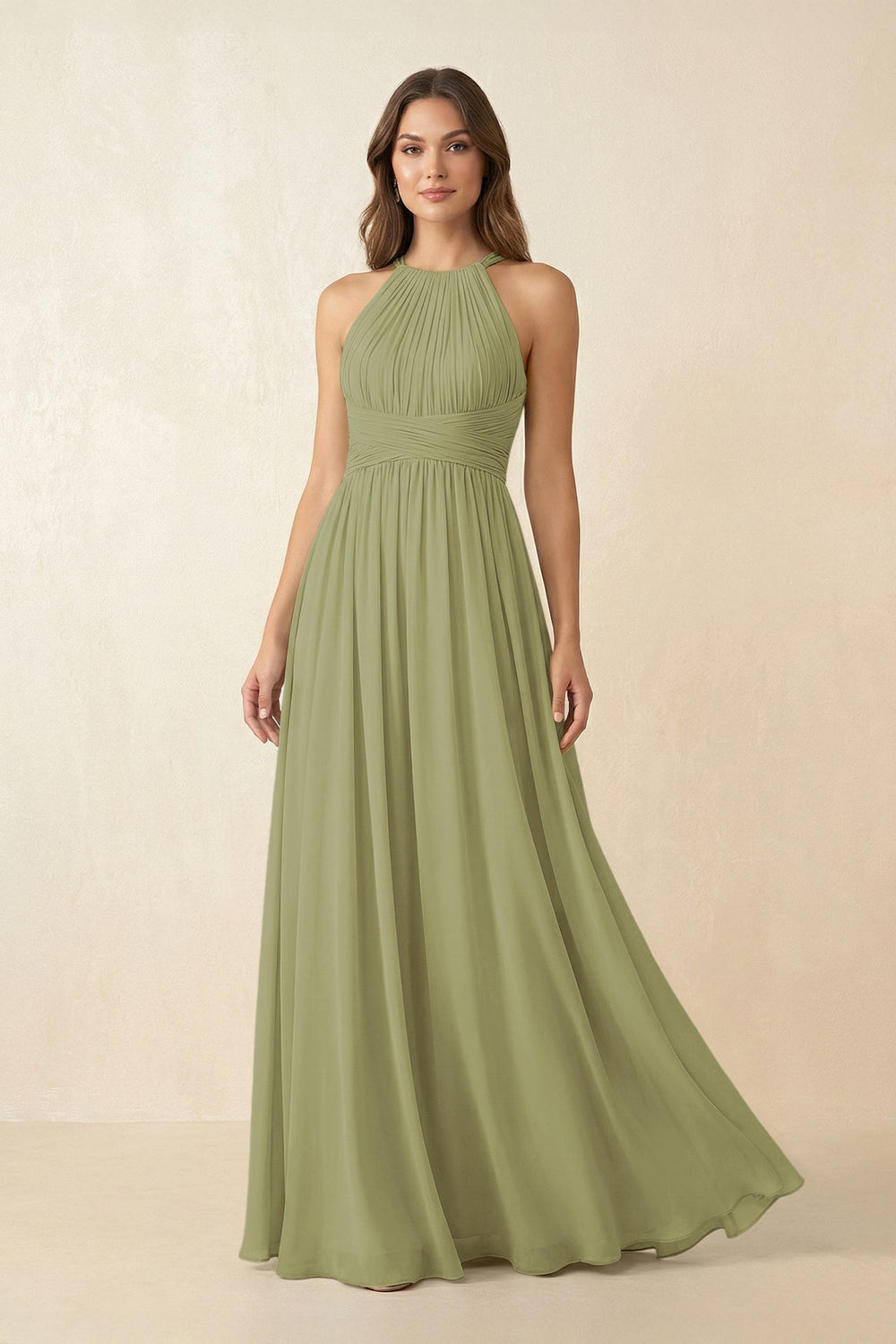 Halter Pleated A - Line Chiffon Bridesmaid Dress in Moss Green - SHE IS ME Bridesmaid Dresses