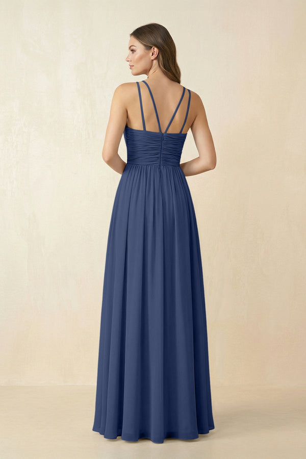Halter Pleated A - Line Chiffon Bridesmaid Dress in Navy - SHE IS ME Bridesmaid Dresses