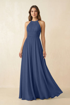 Halter Pleated A - Line Chiffon Bridesmaid Dress in Navy - SHE IS ME Bridesmaid Dresses