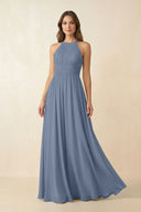 Halter Pleated A - Line Chiffon Bridesmaid Dress in Neptune - SHE IS ME Bridesmaid Dresses