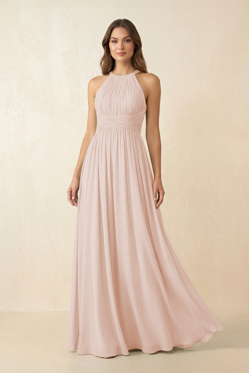 Halter Pleated A - Line Chiffon Bridesmaid Dress in Pale Blush - SHE IS ME Bridesmaid Dresses