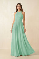 Halter Pleated A - Line Chiffon Bridesmaid Dress in Pale Pistachio - SHE IS ME Bridesmaid Dresses
