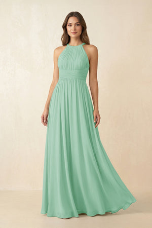 Halter Pleated A - Line Chiffon Bridesmaid Dress in Pale Pistachio - SHE IS ME Bridesmaid Dresses