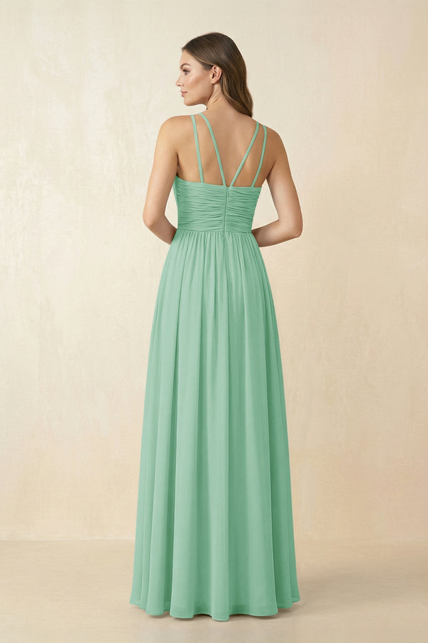 Halter Pleated A - Line Chiffon Bridesmaid Dress in Pale Pistachio - SHE IS ME Bridesmaid Dresses