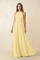 Halter Pleated A - Line Chiffon Bridesmaid Dress in Pastel Yellow - SHE IS ME Bridesmaid Dresses