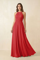 Halter Pleated A - Line Chiffon Bridesmaid Dress in Ruby Red - SHE IS ME Bridesmaid Dresses