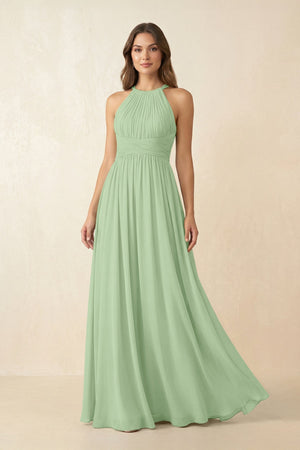 Halter Pleated A - Line Chiffon Bridesmaid Dress in Sage - SHE IS ME Bridesmaid Dresses