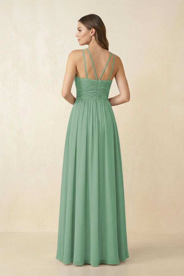 Halter Pleated A - Line Chiffon Bridesmaid Dress in Sea Glass - SHE IS ME Bridesmaid Dresses