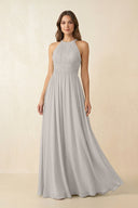 Halter Pleated A - Line Chiffon Bridesmaid Dress in Silver - SHE IS ME Bridesmaid Dresses