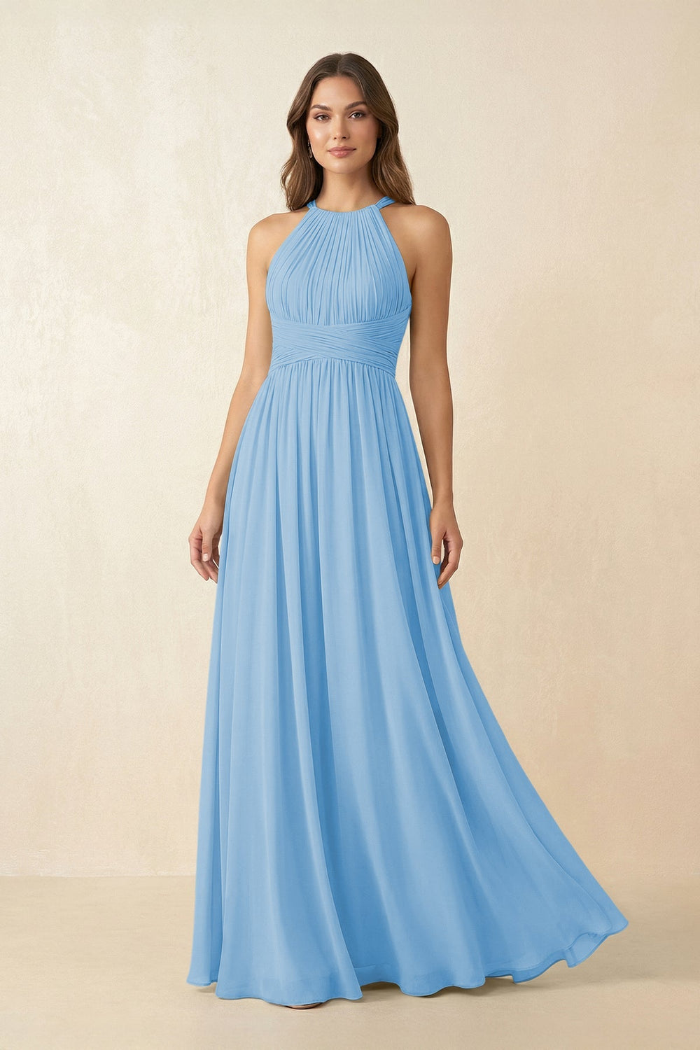 Halter Pleated A - Line Chiffon Bridesmaid Dress in Steel Blue - SHE IS ME Bridesmaid Dresses