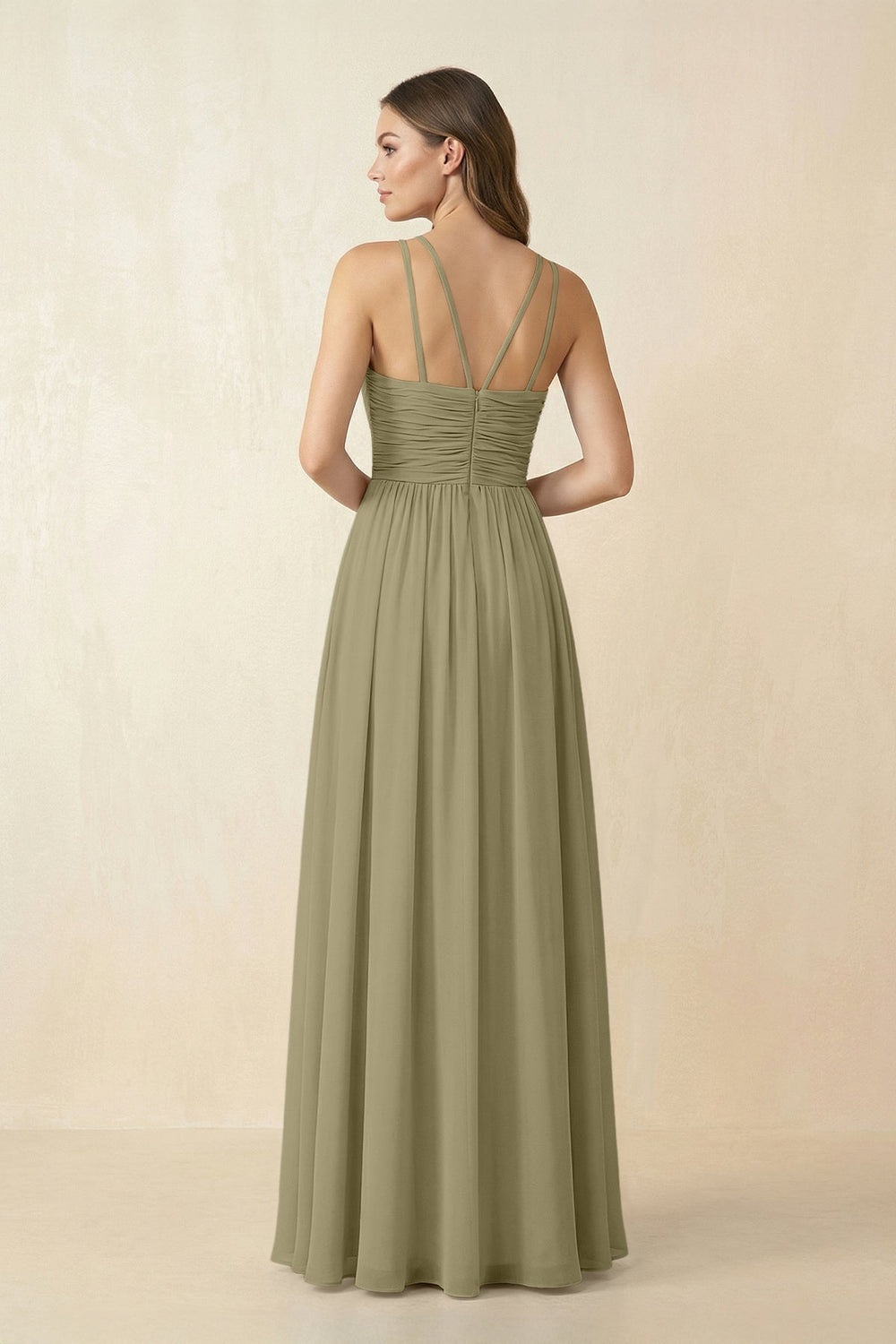 Halter Pleated A - Line Chiffon Bridesmaid Dress in Thyme - SHE IS ME Bridesmaid Dresses