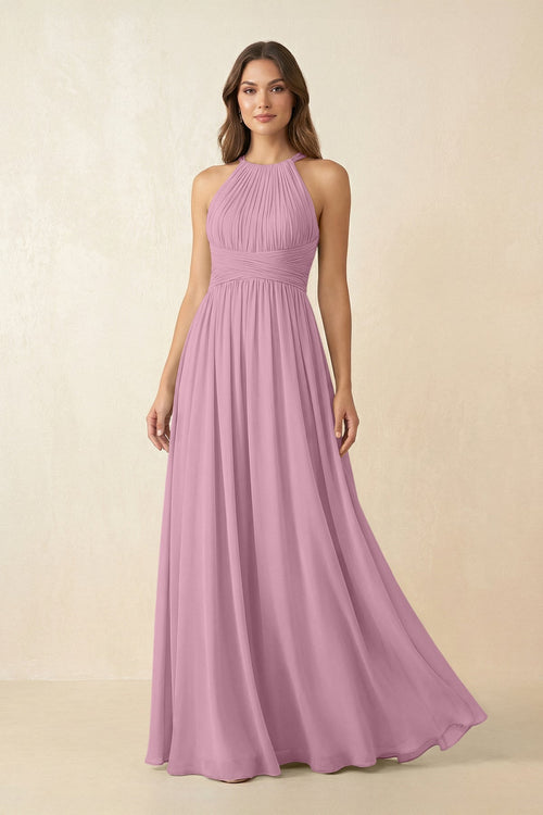 Halter Pleated A - Line Chiffon Bridesmaid Dress in Vintage Mauve - SHE IS ME Bridesmaid Dresses