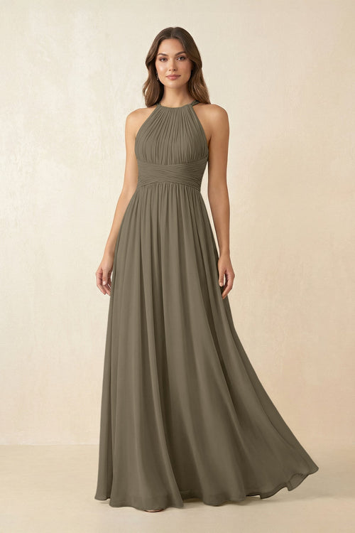 Halter Pleated A - Line Chiffon Bridesmaid Dress in Willow Green - SHE IS ME Bridesmaid Dresses