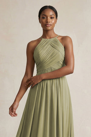 Halter Pleated Chiffon A - Line Bridesmaid Dress in Thyme - SHE IS ME Bridesmaid Dresses