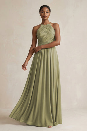 Halter Pleated Chiffon A - Line Bridesmaid Dress in Thyme - SHE IS ME Bridesmaid Dresses