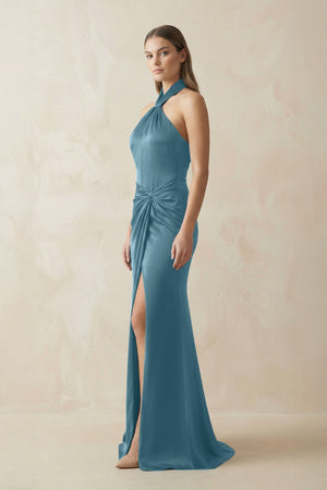 Halter Ruched Sheath Satin Bridesmaid Dress in Twilight - SHE IS ME Bridesmaid Dresses