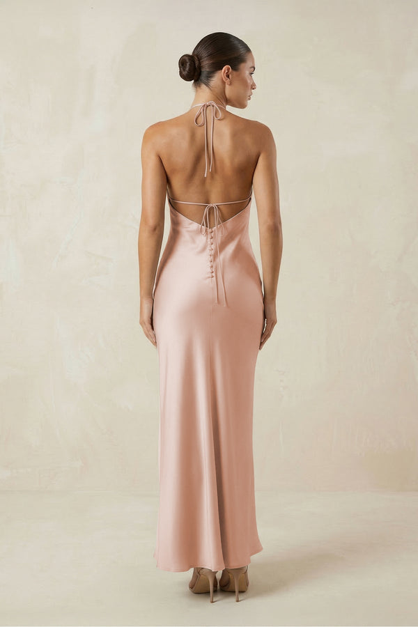 Halter Satin Sheath Midi Bridesmaid Dress in Pale Blush - SHE IS ME Bridesmaid Dresses