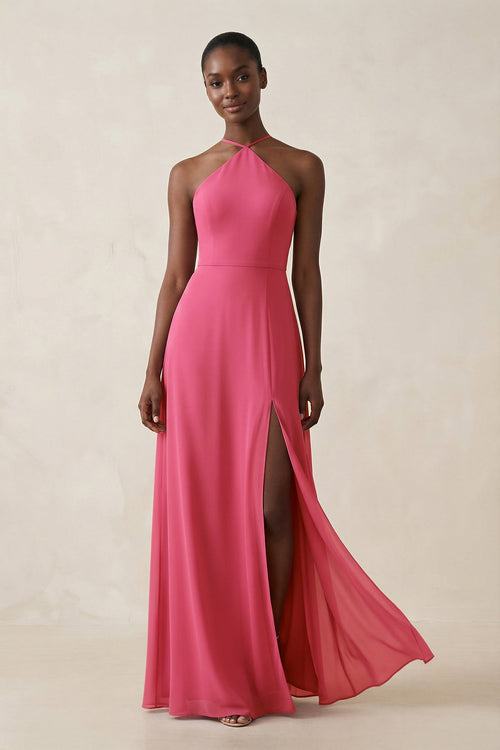 Halter Sheath Chiffon Bridesmaid Dress with Slit in Fuchsia - SHE IS ME Bridesmaid Dresses