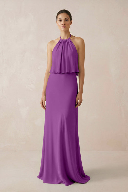 Halter Sheath Ruffled Chiffon Bridesmaid Dress in Amethyst - SHE IS ME Bridesmaid Dresses