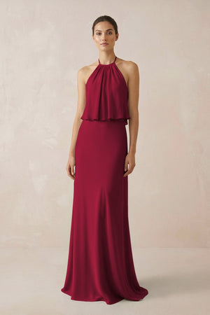 Halter Sheath Ruffled Chiffon Bridesmaid Dress in Berry - SHE IS ME Bridesmaid Dresses