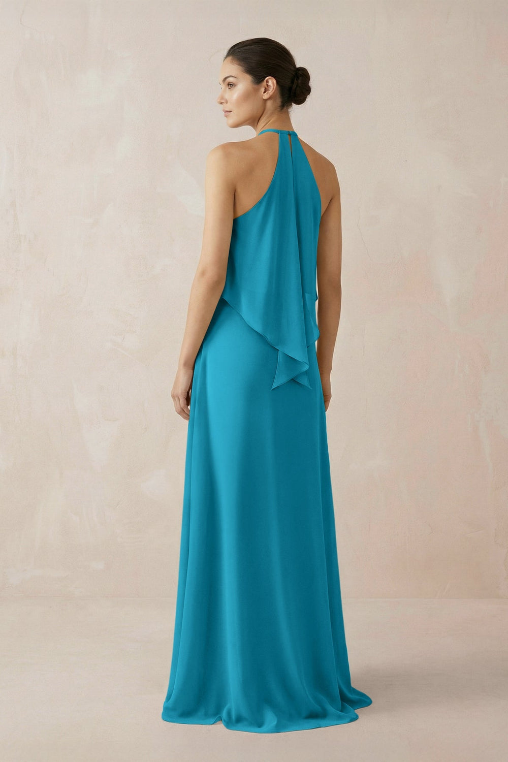 Halter Sheath Ruffled Chiffon Bridesmaid Dress in Blue Jay - SHE IS ME Bridesmaid Dresses