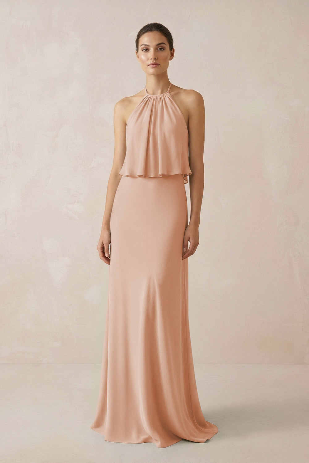 Halter Sheath Ruffled Chiffon Bridesmaid Dress in Champagne Rose - SHE IS ME Bridesmaid Dresses