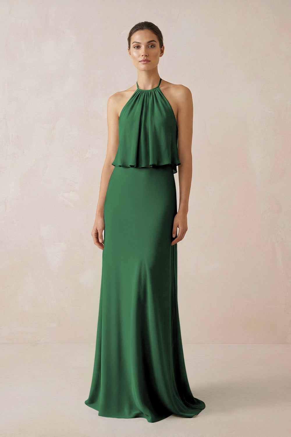 Halter Sheath Ruffled Chiffon Bridesmaid Dress in Dark Green - SHE IS ME Bridesmaid Dresses