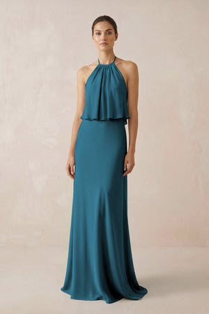 Halter Sheath Ruffled Chiffon Bridesmaid Dress in Dark Teal - SHE IS ME Bridesmaid Dresses
